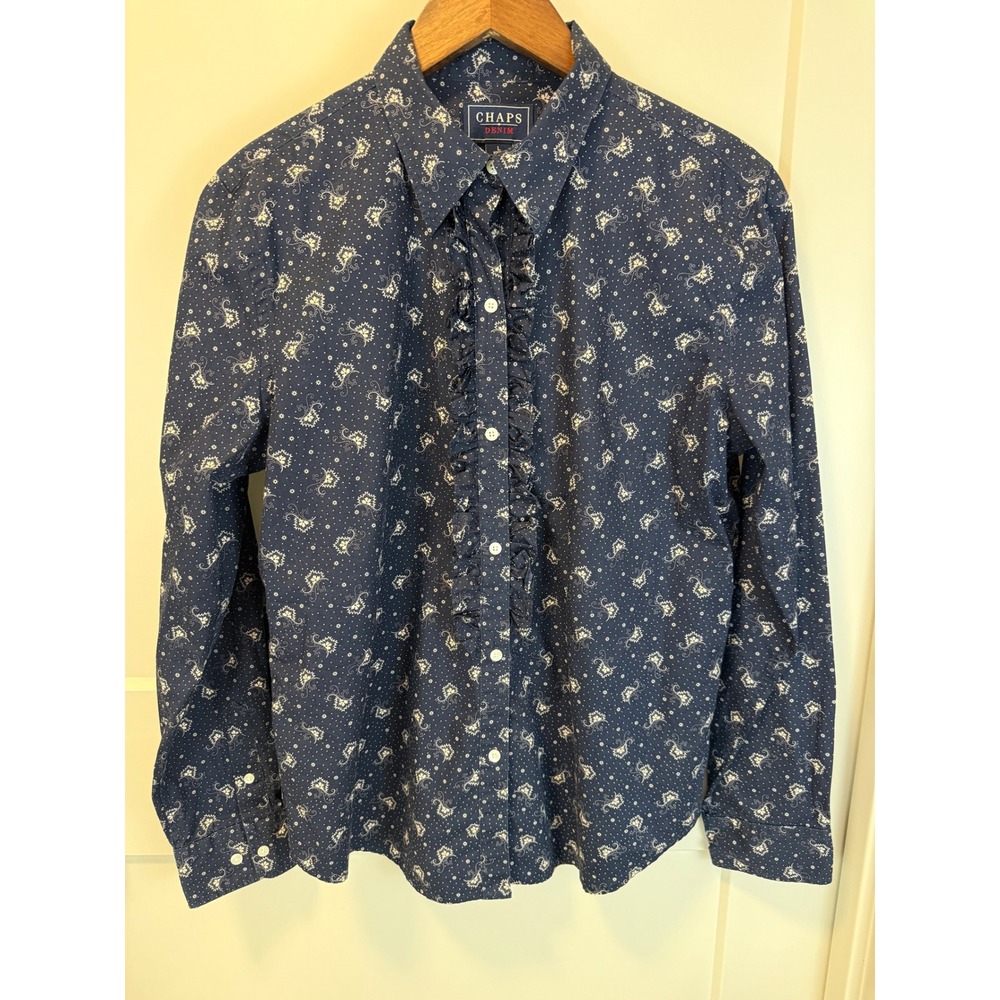 Chaps Denim Navy Blue Paisley Ruffled Front Button Up‎ Shirt Size Large Preppy